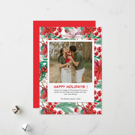 Red Poinsettia 2家族の写真クリスマス シーズンカード (正面/裏面インサイチュ)