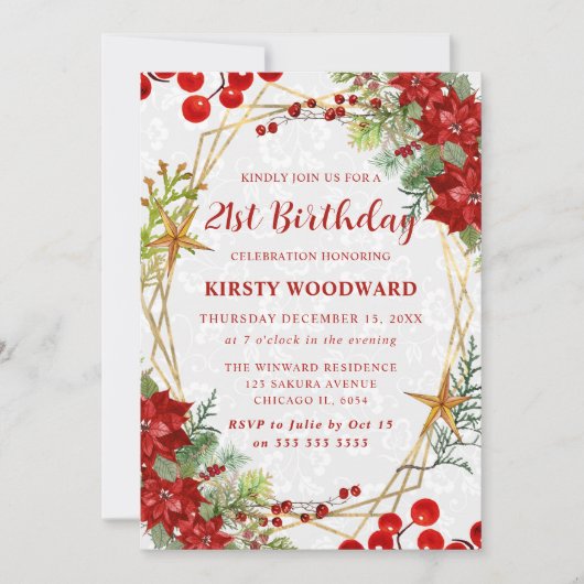 Red Poinsettia & Berry Winter Floral 21st Birthday 招待状 (正面)