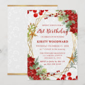 Red Poinsettia & Berry Winter Floral 21st Birthday 招待状 (正面/裏面)