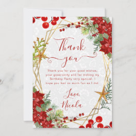 Red Poinsettia & Berry Winter Floral Birthday サンキューカード