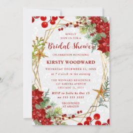 Red Poinsettia & Berry Winter Floral Bridal Shower 招待状