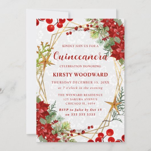 Red Poinsettia & Berry Winter Floral Quinceanera 招待状 (正面)