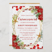 Red Poinsettia & Berry Winter Floral Quinceanera 招待状 (正面/裏面)