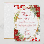 Red Poinsettia & Berry Winter Floral Sweet 16 サンキューカード (正面/裏面)