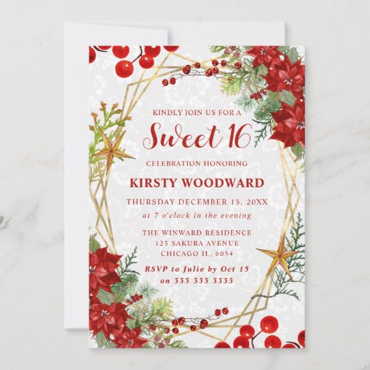 Red Poinsettia & Berry Winter Floral Sweet 16 招待状 (正面)