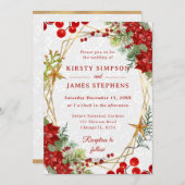 Red Poinsettia & Berry Winter Floral Wedding 招待状 (正面/裏面)
