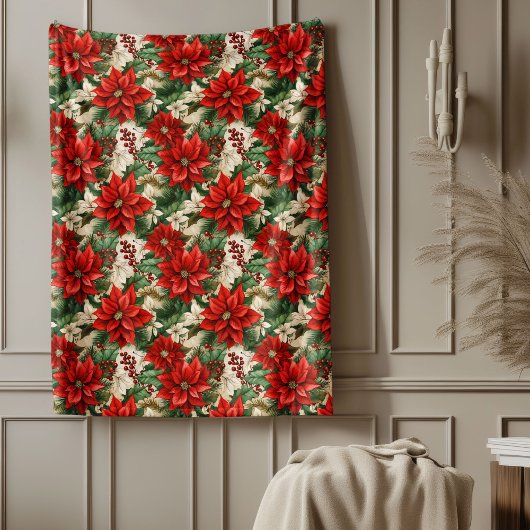 Red Poinsettia Blanket Classic Christmas Home Chic フリースブランケット