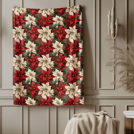 Red Poinsettia Blanket Classic Christmas Home Chic フリースブランケット