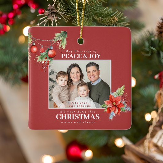 Red Poinsettia Christmas Family Photo セラミックオーナメント