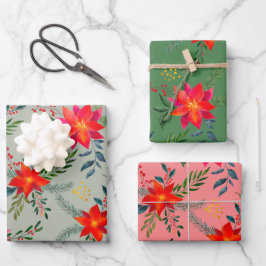  Red Poinsettia Christmas Floral ラッピングペーパーシート