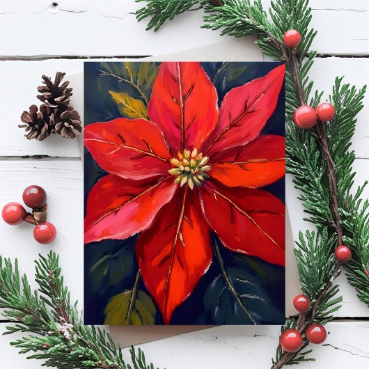 Red Poinsettia Christmas Flower Painted シーズンポストカード