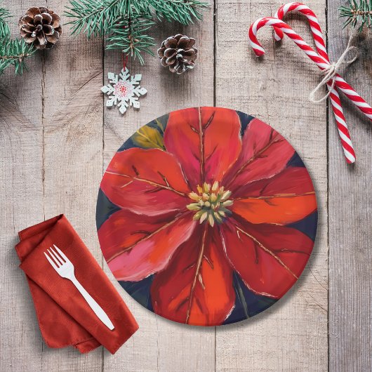 Red Poinsettia Christmas Flower Painted ペーパープレート