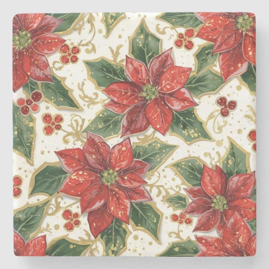 Red Poinsettia Christmas Flowers  ストーンコースター (正面)