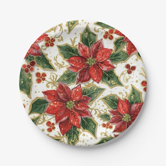 Red Poinsettia Christmas Flowers  ペーパープレート (正面)
