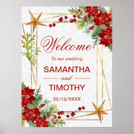 Red Poinsettia Christmas Wedding Welcome Sign ポスター