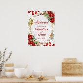 Red Poinsettia Christmas Wedding Welcome Sign ポスター (キッチン)