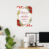 Red Poinsettia Christmas Wedding Welcome Sign ポスター (ホームオフィス)