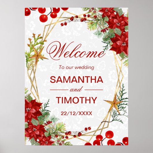 Red Poinsettia Christmas Wedding Welcome Sign ポスター (正面)
