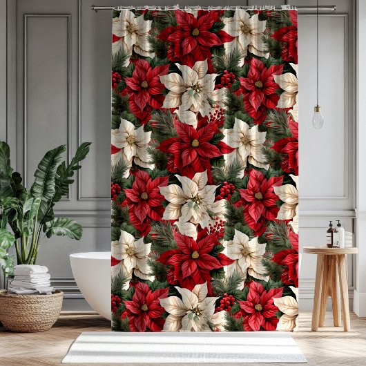 Red Poinsettia Curtain Classic Christmas Elegance シャワーカーテン