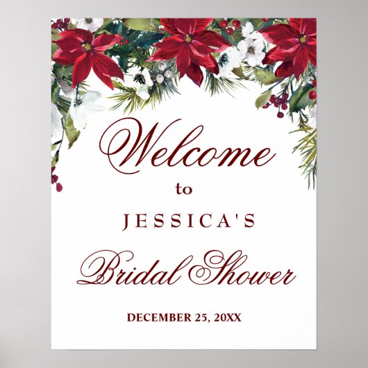 Red Poinsettia Floral Chic Bridal Shower Welcome ポスター (正面)
