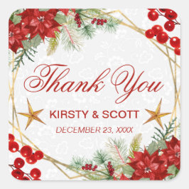 Red Poinsettia & Gold Star Christmas Wedding スクエアシール
