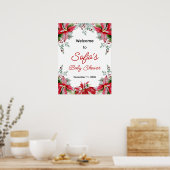 Red Poinsettia Greenery Baby Shower Welcome Sign ポスター (キッチン)