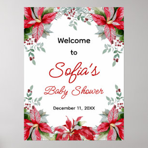 Red Poinsettia Greenery Baby Shower Welcome Sign ポスター
