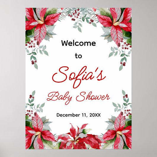 Red Poinsettia Greenery Baby Shower Welcome Sign ポスター (正面)