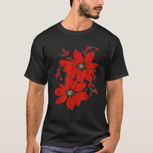 Red Poinsettia Happy Merry Christmas   Tシャツ (正面)