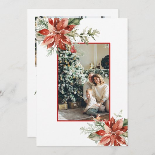 Red Poinsettia Holly 2フォトクリスマス 案内状 (正面/裏面)