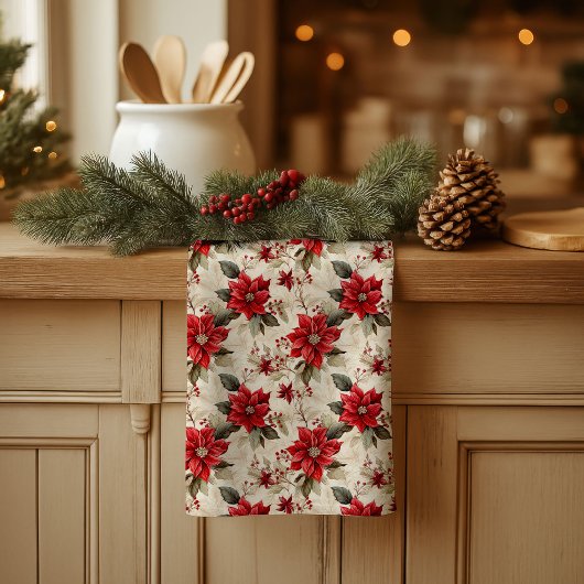 Red Poinsettia Kitchen Towel Classic Holiday Look キッチンタオル