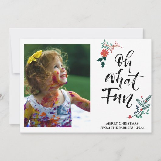 Red Poinsettia Pine BoughおもしろいスクリプトOH何おもしろい シーズンカード (正面)