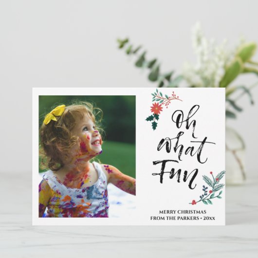 Red Poinsettia Pine BoughおもしろいスクリプトOH何おもしろい シーズンカード (スタンド正面)