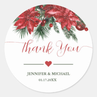 Red Poinsettia Pine Greenery結婚's Thank You ラウンドシール