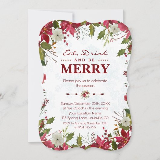 Red Poinsettia Snowflaks飲食べみ物とビーメリーブ 招待状 (正面)