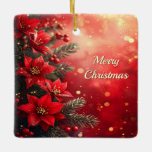 Red Poinsettias and Berries Ornament