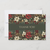 Red Poinsettias Gold Foliage Plaid Christmas サンキューカード (正面)