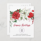 Red Poinsettias Holly Companyロゴビジネス シーズンポストカード (正面/裏面)