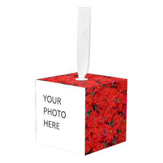 Red Poinsettias Iクリスマスホリデーフローラ写真 キューブオーナメント (正面アングル)