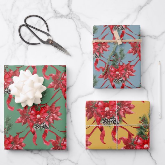 Red Poinsettias Ribbon Bows Lattice Green Red金ゴールド ラッピングペーパーシート (正面)