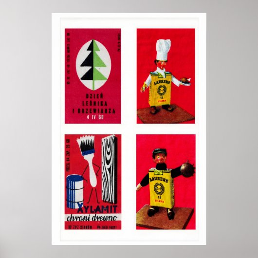 Red Polish Matchbox Labels Grid Print, Vintage ポスター (正面)