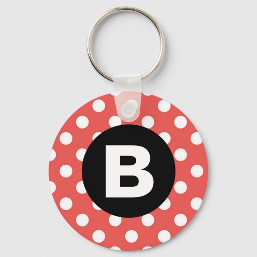 Red Polka Dot Pattern Black Monogram キーホルダー (正面)