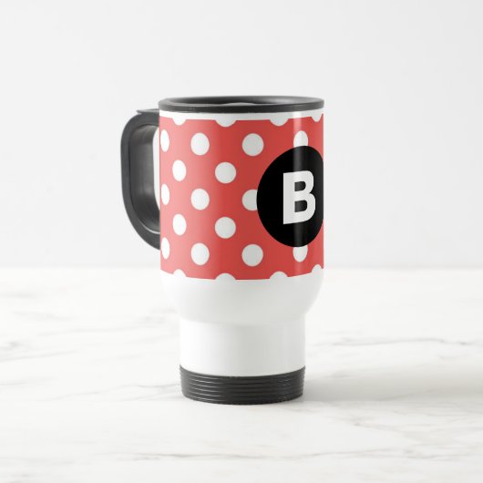 Red Polka Dot Pattern Black Monogram トラベルマグ (正面左)