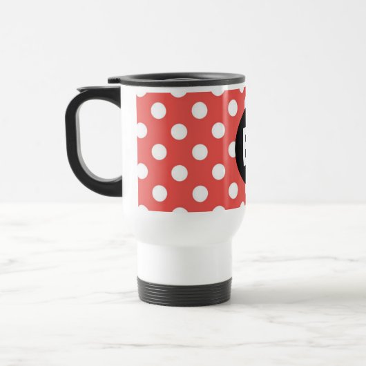 Red Polka Dot Pattern Black Monogram トラベルマグ (左)