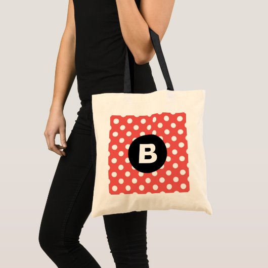 Red Polka Dot Pattern Black Monogram トートバッグ (正面(商品))