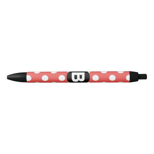 Red Polka Dot Pattern Black Monogram 黒ボールペン (正面)