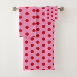 Red Polka Dots on Pink バスタオルセット