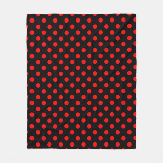 Red Polka Dots Pattern on Black Background フリースブランケット (正面)