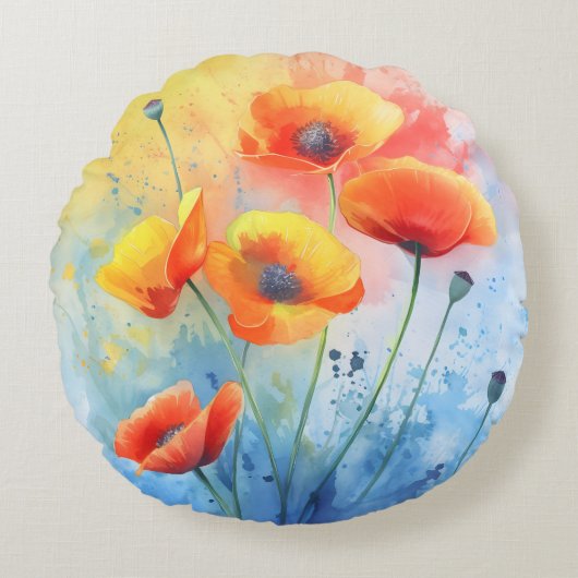 Red Poppies – 水彩技法の丸型クッション ラウンドクッション (正面)