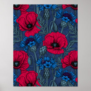 Red poppies and blue cornflowers on blue ポスター